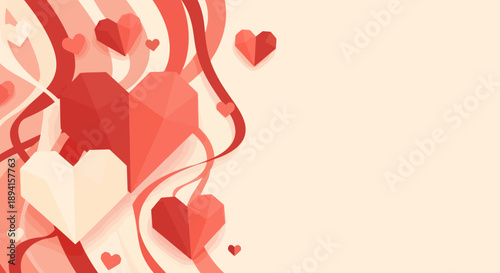 Valentine gift advertising with red hearts and ribbons floating in air, love illustration