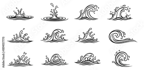 Hand drawn line art water splashes and waves set featuring various dynamic shapes with drops and ripples for design elements