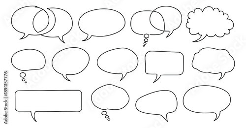 Hand drawn line art speech and thought bubble set featuring various blank comic callouts for communication and graphic design