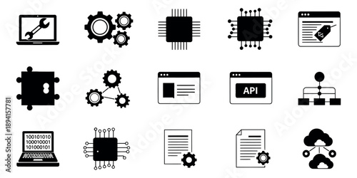 Flat design technology icons set featuring laptops, gears, microchips, web pages, and cloud computing for software development and IT solutions