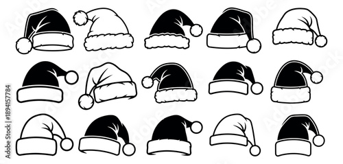 Black and white graphic santa hat set featuring various designs for christmas celebrations