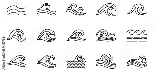 Line art ocean wave set featuring various forms of waves for nautical and water-related designs