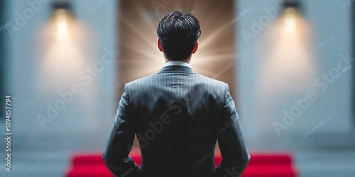 The rear view symbolizes professional success and accomplishment marking a milestone receiving recognition or achieving a noteworthy objective.