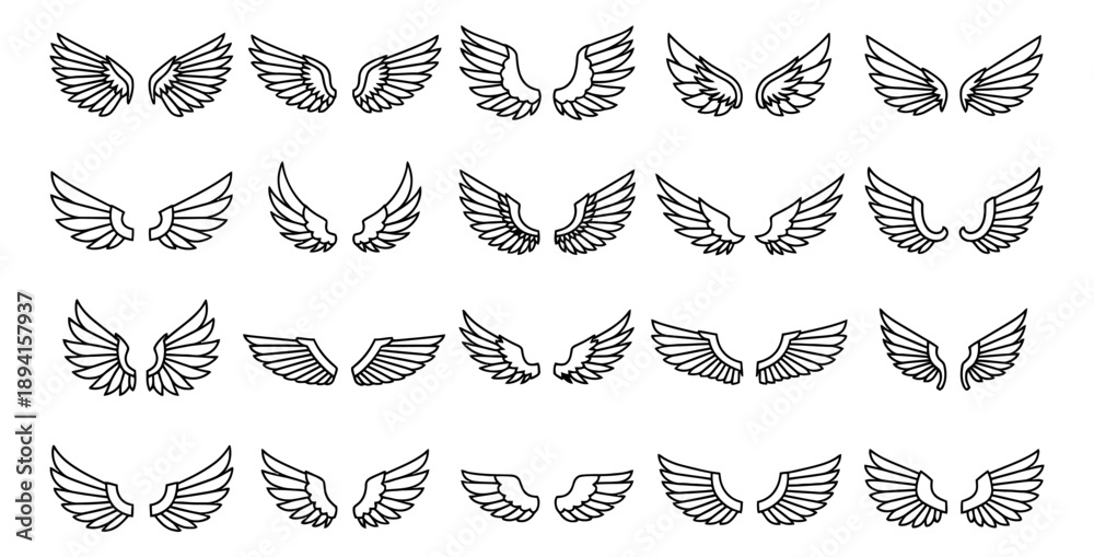 Obraz premium Simple line art wing set featuring various stylized designs of angelic and bird wings for creative projects