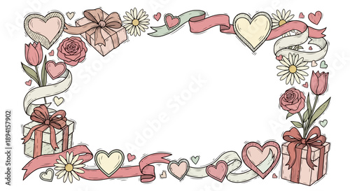 Valentine gift advertising illustration featuring hearts, flowers, and gift boxes in a festive frame