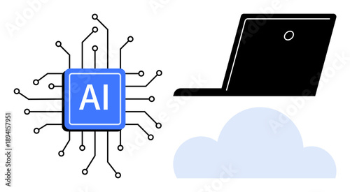 Artificial intelligence, data exchange, cloud computing, digital innovation, information technology, computing systems. AI chip with circuits, laptop cloud graphic. Artificial intelligence and data