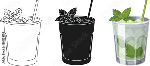 Collection of mojito cocktail illustrations including line art silhouette and full color vector graphics for beverage design and advertising