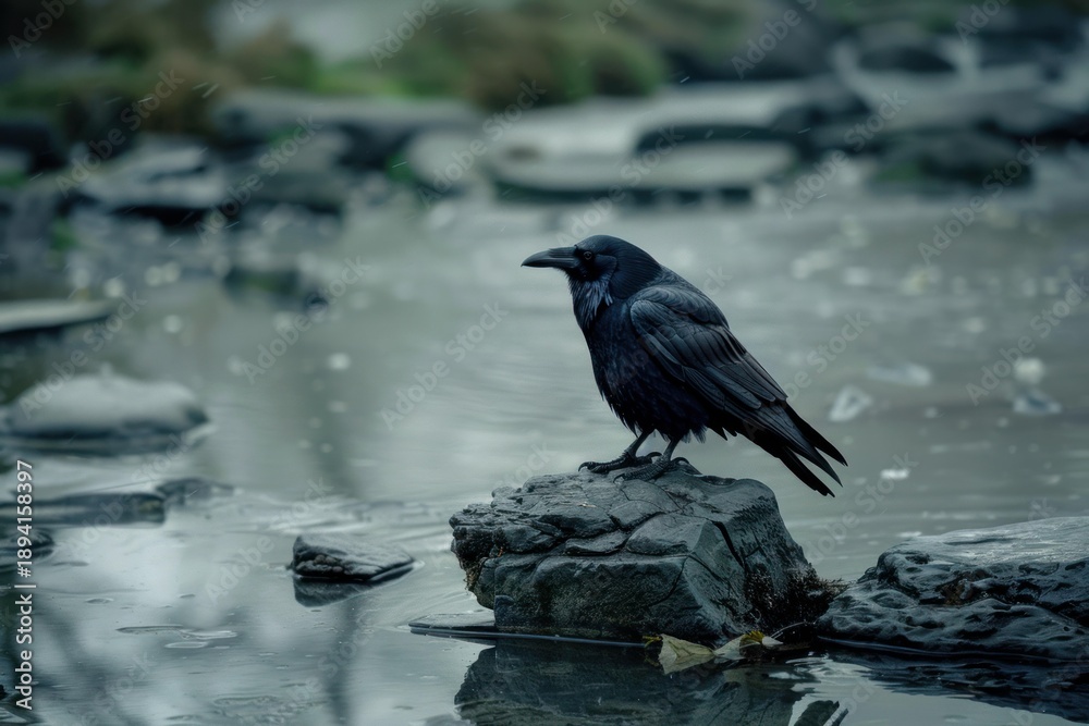 Fototapeta premium Large black raven perched on a rock in a pond on a misty day
