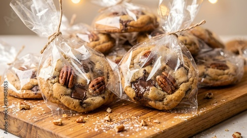Gourmet Chocolate Pecan Cookies Individually Wrapped in Clear Cellophane Bags Tied with Twine