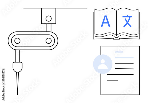 Artificial intelligence, machine translation, education, robotics, automation, data processing. A robotic arm, open book with multilingual symbols and document. Machine translation and education