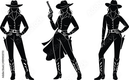Silhouettes of three cowgirls in Western attire, action and stance poses, black and white illustration, strong female icons, cowboy theme