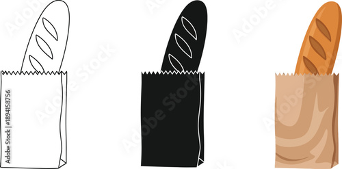 Collection of baguette bread in paper bags flat vector icons and illustration for bakery and food concepts isolated on white