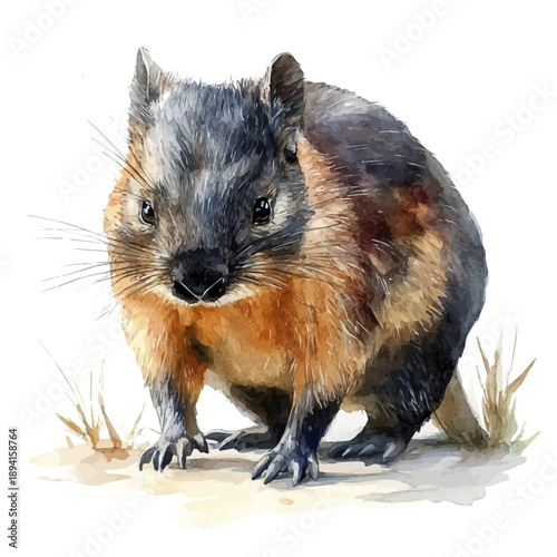 watercolor hand-drawn of Wombat, isolated on a white background.