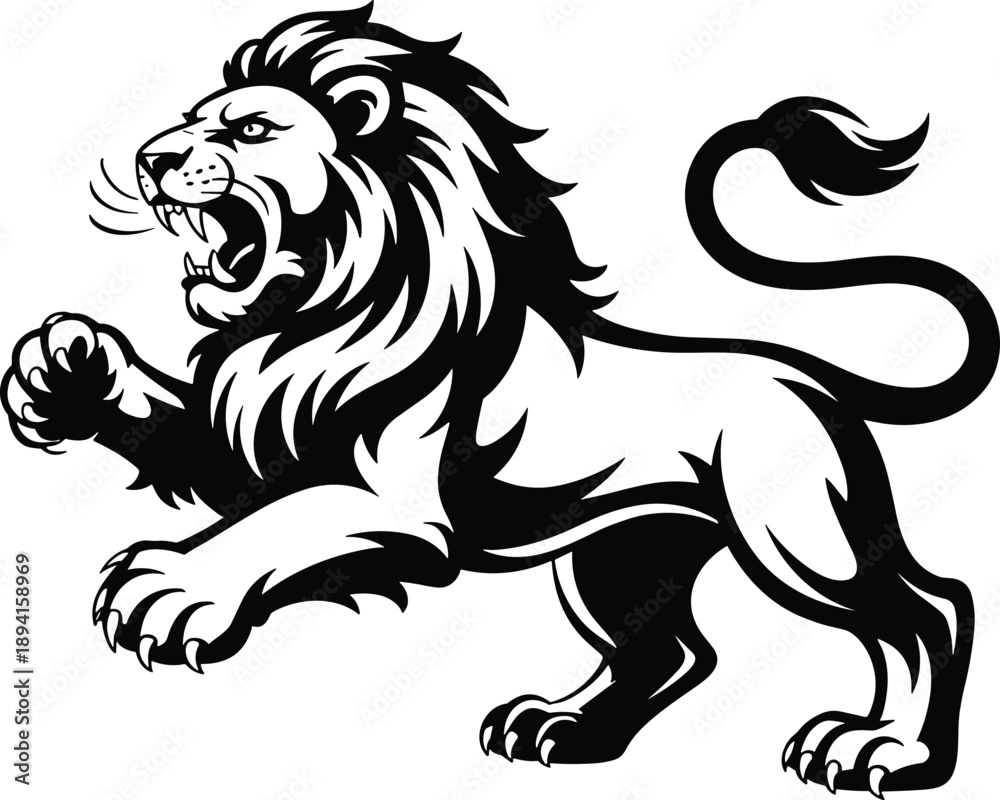 Obraz premium Stylized lion silhouette in aggressive pose, roaring with raised paw, black and white emblem illustration, symbol of courage, strength, authority