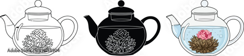 Collection of blooming tea teapots featuring glass and silhouette designs with blooming tea flowers perfect for beverage and culinary concepts
