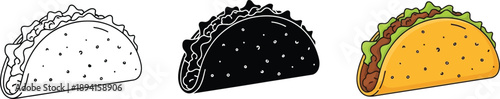 Collection of taco illustrations including line art silhouette and colorful flat design for food concepts and menus