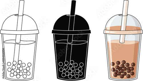 Three bubble tea cups outline silhouette and full color illustration for beverage design and cafe branding isolated on white