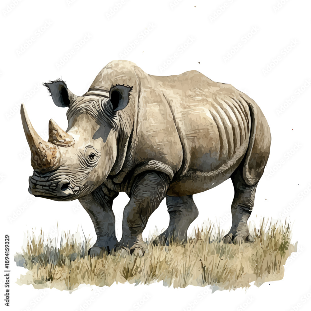 Fototapeta premium White Rhinoceros, playful watercolor vector painting with subtle shadowing and soft gradients, isolated on a white background.