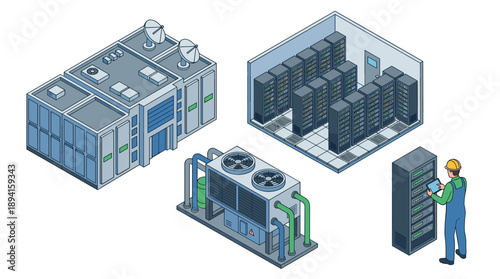 Isometric vector illustration set of data center infrastructure featuring a facility building with satellite dishes, a server room with racks, industrial cooling system, and IT technician.