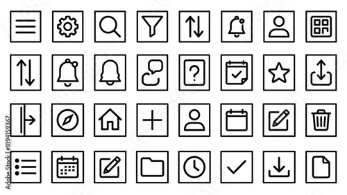 Set of 32 Minimalist User Interface Line Icons for Web and Mobile App Design, Including Menu, Settings, Search, Filter, Sort, Notification, Profile, Dashboard, Calendar, Edit, Trash, and Navigation