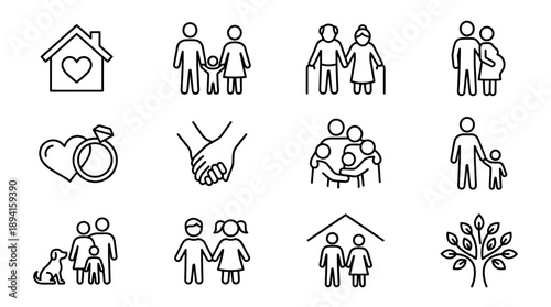 Minimalist Family and Relationship Line Icon Set Featuring Parents, Children, Elderly Couples, Pregnancy, Marriage, Home, and Family Tree Symbols in a Clean Uniform Vector Style for Design.