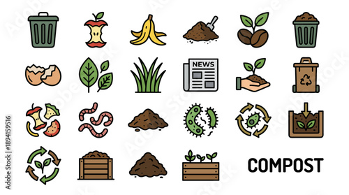 Comprehensive Vector Icon Set of Compost and Organic Waste Management Featuring Food Scraps, Recycling Bins, Soil, Worms, and Sustainable Gardening Elements in a Bold Outline Style.