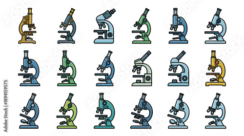 Vector icon set of science laboratory microscopes in a bold outline style. Colorful collection of equipment for biology research, medical diagnostics, chemistry education, and scientific study.