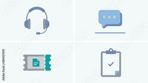 Set of four flat vector icons for customer support and CRM services featuring a headset for call centers, a speech bubble for live chat, a support ticket, and a clipboard with a checkmark.