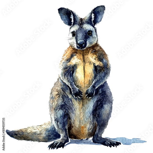 Wallaby, lively watercolor vector drawing with intricate brush, isolated on a white background.