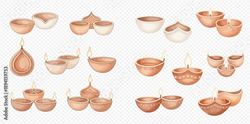 Watercolor collection of traditional Indian Diwali oil lamps and decorative bowls.