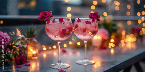 Romantic evening scene with two elegant glasses of pink gin cocktail garnished with roses and petals. Warm bokeh lights create an intimate atmosphere, perfect for love, celebration, and special moment