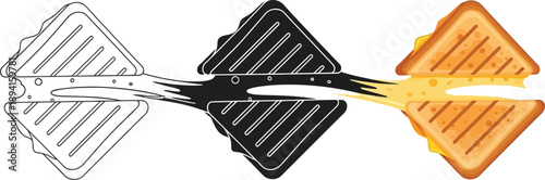 Three grilled cheese sandwiches in different styles from outline to color with melted cheese stretching perfect for food blogs and menus