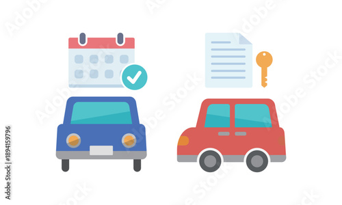 カーオーダー完了を示すチェック付きカレンダーと書類、鍵と車のイメージ