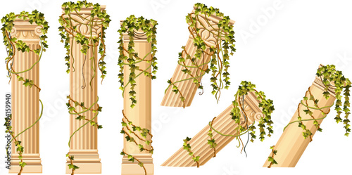 Set of yellow columns with liana branches and tropical leaves. Isolated cartoon pillars for facade decorated ivy, creeper in style of provence. Vector objects for computer games.