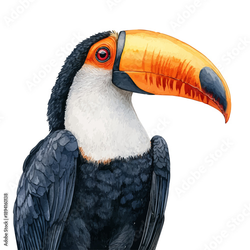 watercolor draw of Toucan, isolated on a white background.