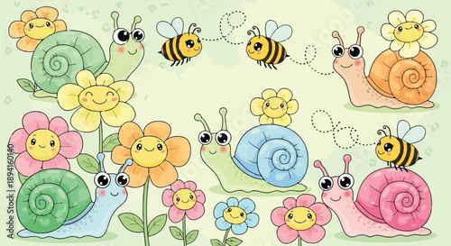 Cute cartoon snails and bees with colorful flowers, whimsical nature illustration for children