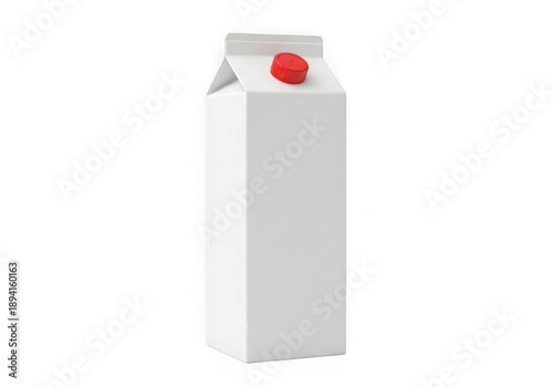 Single white milk carton with red cap on white background