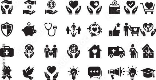 Charity Donation Healthcare and Community Support Minimalist Icon Collection