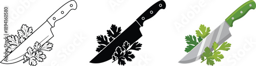 Collection of chef knife icons with parsley representing culinary themes food preparation and cooking concepts in various styles