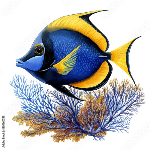 watercolor draw of Surgeonfish, isolated on a white background.
