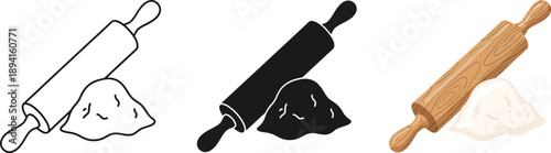 Collection of rolling pin and dough icons representing baking and cooking in line art silhouette and realistic styles for culinary concepts