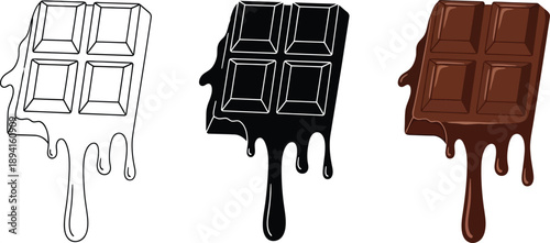 Set of melting chocolate bar icons including outline silhouette and realistic styles perfect for food branding and design elements
