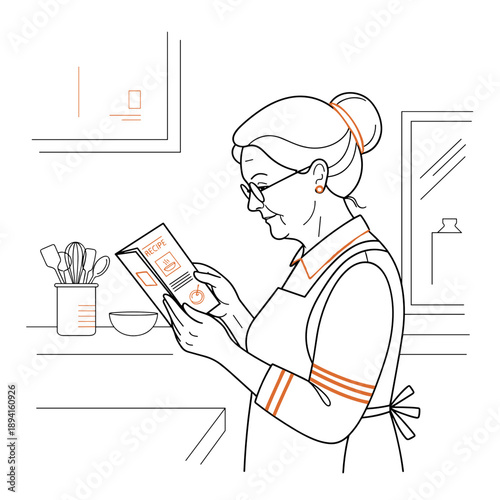An elderly, beautiful woman with glasses is in the kitchen reading a recipe book and preparing to cook. Profile. Vector illustration