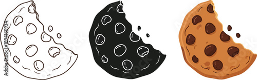 Bitten chocolate chip cookie icons in outline silhouette and full color representing a delicious snack concept for food blogs and recipes