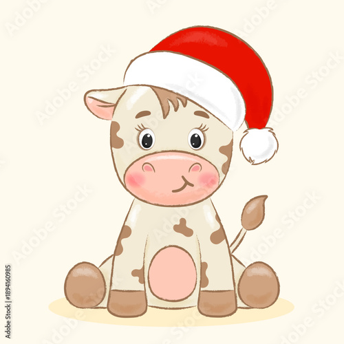Cute Cow in Santa Claus Hat on Light Background