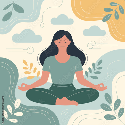 Woman Meditating in Nature with Green and Yellow Background