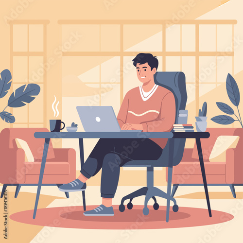 Man in red sweater working on laptop at home office