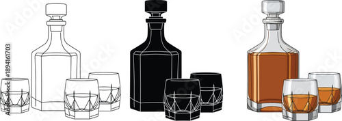 Set of decanter and whiskey glasses in outline silhouette and full color perfect for bar menus beverage concepts or alcohol advertising