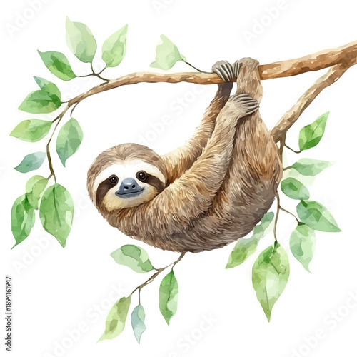 watercolor draw of Sloth, isolated on a white background.
