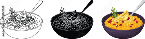 Three bowls of soup or puree including a sketch a silhouette and a colorful illustration with spoons and garnish isolated on white